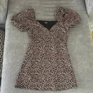 The Reset Brown and Tan Puff Sleeve Mini Sundress